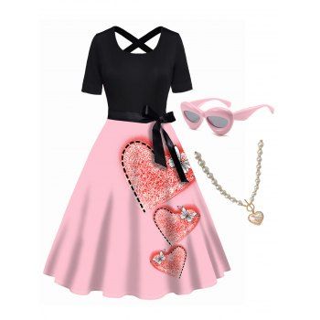 

Valentine Heart Butterfly Print Dress and Faux Pearl Necklace Oval Shaped Sunglasses Outfit, Multicolor