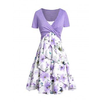 

Crossover Cropped Top and Aquarelle Floral Print Layered Casual Mini Dress Two Piece Outfit, Light purple