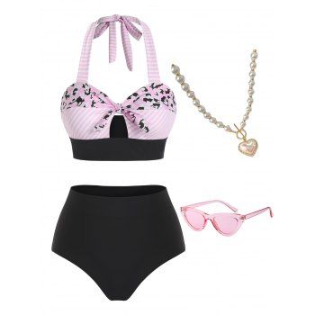 

Tummy Control Tankini Swimsuit and Animal Eye Shape Sunglasses Faux Pearl Necklace Outfit, Multicolor