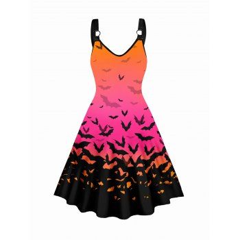 

Bat Allover Print Dress Sleeveless O Ring A Line Casual Dress, Orange