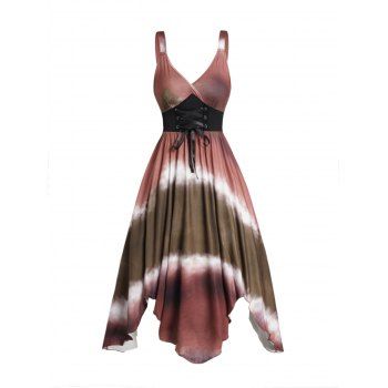 

Tie Dye Print Corset Style Dress Lace Up Surplice Neck Handkerchief Hem Midi Dress, Deep coffee