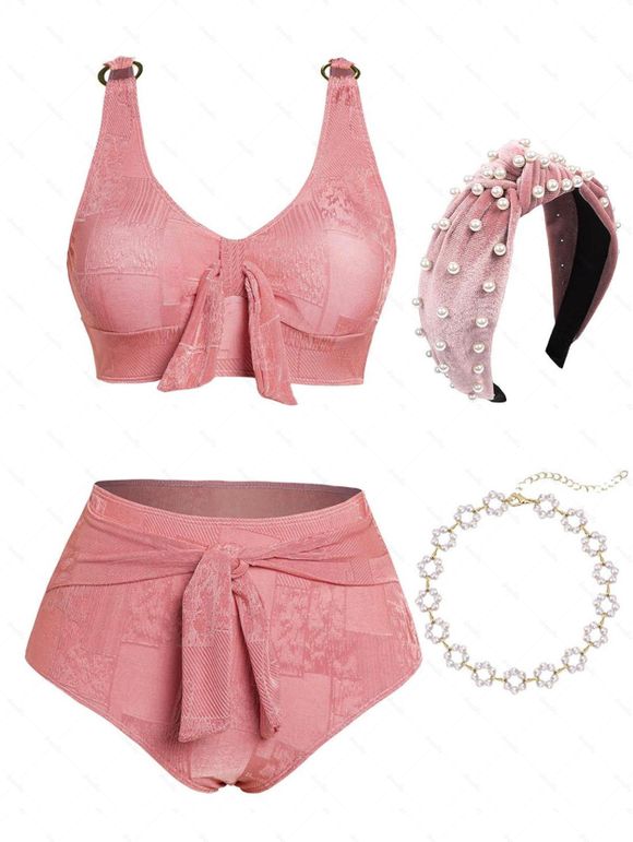 Ensemble de Bikini de Bain Embelli de Nœud Papillon et Collier Ras-du-Cou Fleur Bandeau Noué avec Fausse Perle - multicolor S