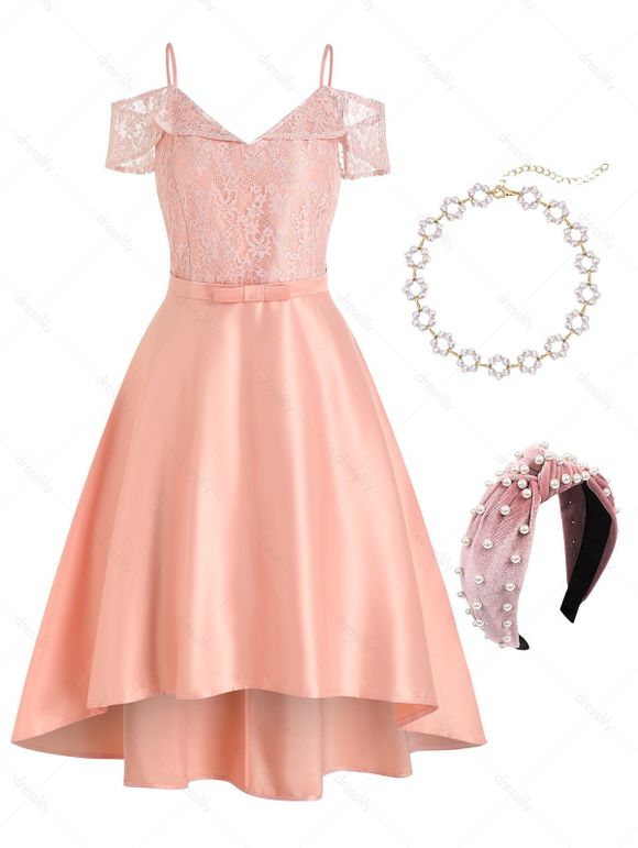 Ensemble de Robe Vintage de Soirée Bal Panneau en Dentelle Collier Ras du Cou Bandeau Large avec Fausse Perle - multicolor S