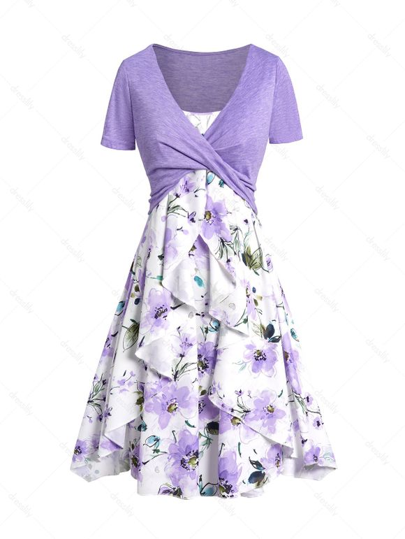 Ensemble de Deux Pièces avec Top Court Croisé et Mini Robe Courte à Imprimé Florale Aquarelle - Violet clair XL
