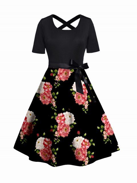 Plus Size Flower Print Belt Dress Crisscross A Line Casual Midi Dress