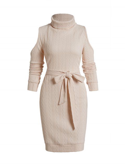 Belt Knit Turtleneck Dress Plain Color Cold Shoulder Casual Mini Dress