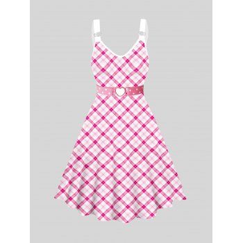 

Plaid and Belt Print Dress O Ring Sleeveless Casual Dress, Light pink