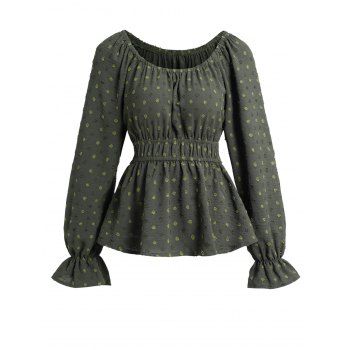 

Plain Color Swiss Dot Top Ruffle Long Sleeve Casual Top, Deep green