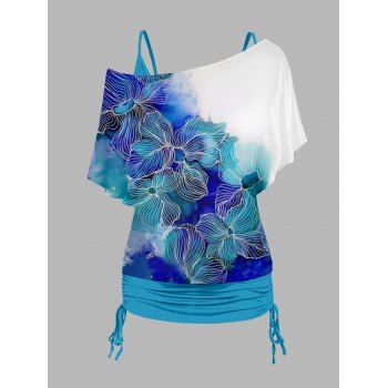 

Plus Size Flower Print Skew Neck T Shirt and Cinched Ruched Camisole Set, Light blue