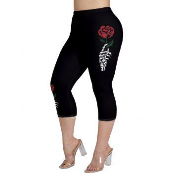 

Plus Size Rose Print Capri Leggings Elastic Waist Cropped Casual Leggings, Black