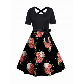 

Plus Size Flower Print Belt Dress Crisscross A Line Casual Midi Dress, Black