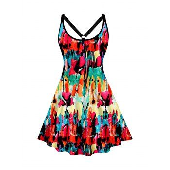 

Plus Size Watercolor Print Strappy Dress Sleeveless Casual A Line Mini Dress, Multicolor a