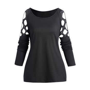 

Rhinestones Cut Out Top Plain Color Long Sleeve Casual Top, Black