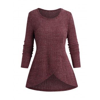 

Heathered Ribbed Knit Top Asymmetrical Hem Long Sleeve Casual Top, Deep red