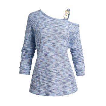 

Space Dye Print Knit Top Oblique Shoulder Long Sleeve Casual Top, Light blue