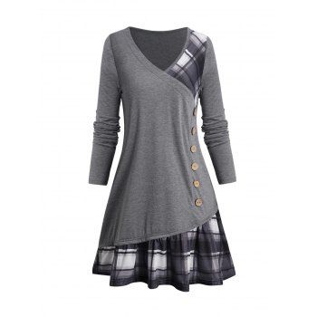 

Check Print Patchwork Long T Shirt Mock Button Full Sleeve V Neck Top, Gray