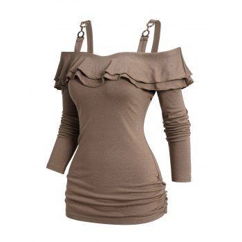 

Cold Shoulder Ruffle Blouse Plain Color Metal Decor Ruched Side Casual Top, Coffee