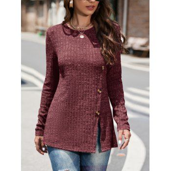 

Heathered Ribbed Knit Top Mock Button Long Sleeve Casual Top, Deep red