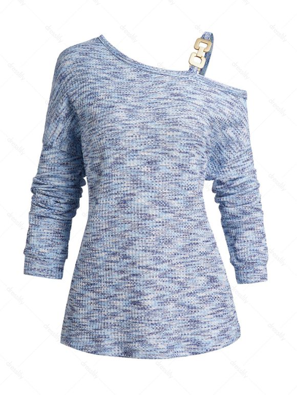 Haut Décontracté en Tricot à Imprimé Chiné à Epaule Oblique à Manches Longues - Bleu clair L