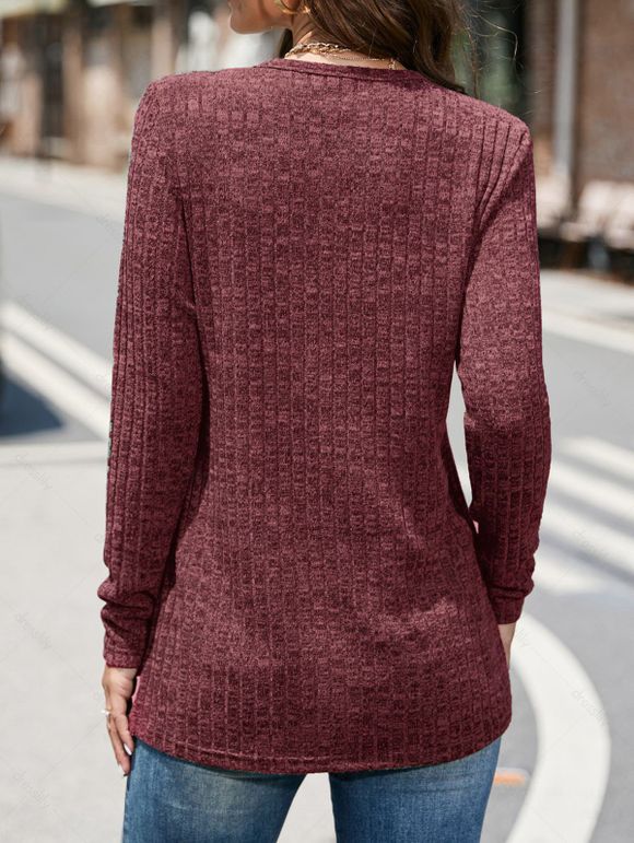 Haut Décontracté Chiné Côtelé en Tricot à Manches Longues avec Faux Bouton en Avant - Rouge foncé 2XL