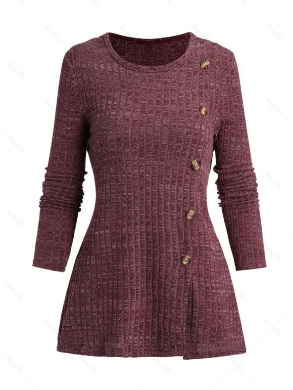 Haut Décontracté Chiné Côtelé en Tricot à Manches Longues avec Faux Bouton en Avant - Rouge foncé 2XL
