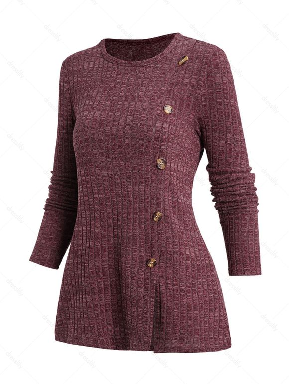 Haut Décontracté Chiné Côtelé en Tricot à Manches Longues avec Faux Bouton en Avant - Rouge foncé 2XL