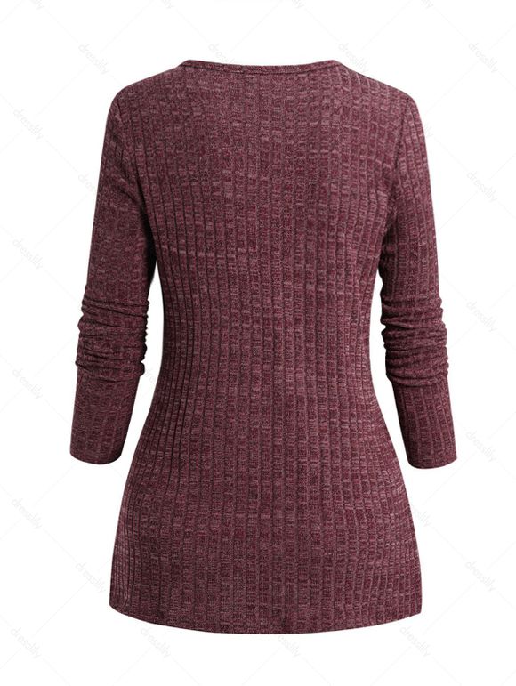 Haut Décontracté Chiné Côtelé en Tricot à Manches Longues avec Faux Bouton en Avant - Rouge foncé 2XL