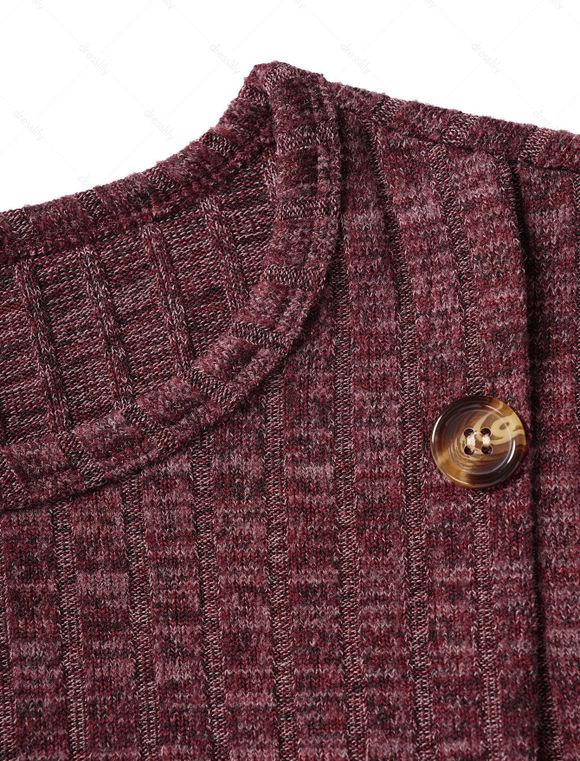 Haut Décontracté Chiné Côtelé en Tricot à Manches Longues avec Faux Bouton en Avant - Rouge foncé 2XL