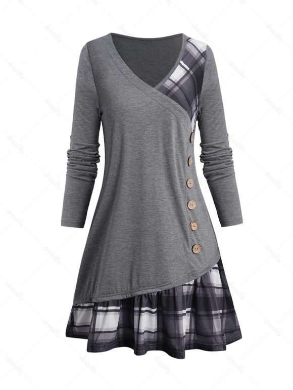 T-shirt Long Jointif à Carreaux Imprimé à Manches Longues avec Faux Bouton - Gris L
