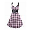 Robe Décontractée à Imprimé Carreaux Ceinture Anneau en O à Col V - Rose clair M