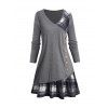 T-shirt Long Jointif à Carreaux Imprimé à Manches Longues avec Faux Bouton - Gris L