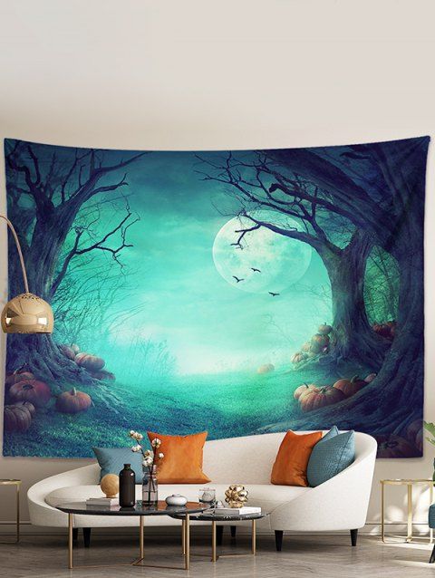 Pumpkin and Forest Print Hanging Wall Halloween Decoration Tapestry