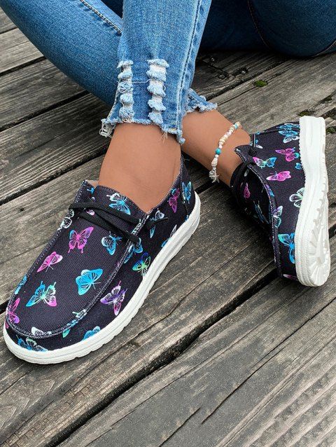 Butterfly Print Lace-up Slip On Flat Shoes
