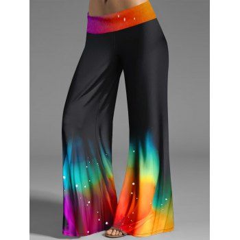 

Rainbow Print Wide Leg Pants Elastic Waist Casual Loose Pants, Black