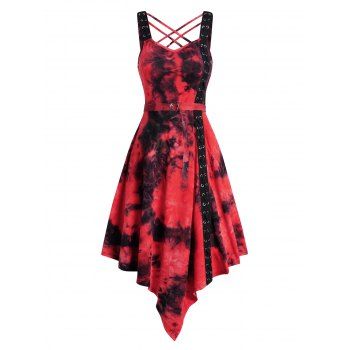 

Tie Dye Print Belted Asymmetric Dress Crisscross Lace-up Eyelet Midi Dress, Red