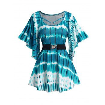 

Tie Dye Print Flutter Sleeve T-shirt O Ring Belted Casual Short Sleeve Tee, Blue
