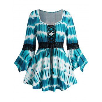 

Tie Dye Print Lace Up Top Sweetheart Collar Long Sleeves Top, Blue