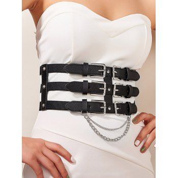 

Chain Rivet Decor Layered Double Buckle Belt, Black