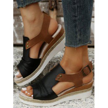 Cut Out Fish Mouth Buckle Strap Wedge Sandals, Black