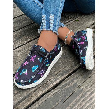 

Butterfly Print Lace-up Slip On Flat Shoes, Black