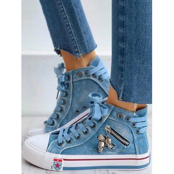 

Metal Skull Zipper Lace Up High Top Flat Canvas Shoes, Light blue