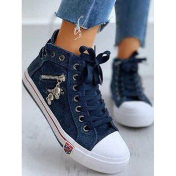 

Metal Skull Zipper Lace Up High Top Flat Canvas Shoes, Deep blue