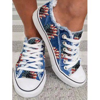 

Sunflower Print Raw Hem Lace Up Canvas Shoes, Denim dark blue