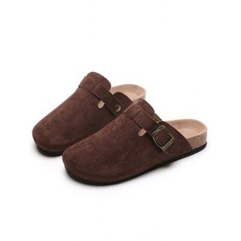 

Buckle Strap Round Toe Flat Slippers, Deep coffee