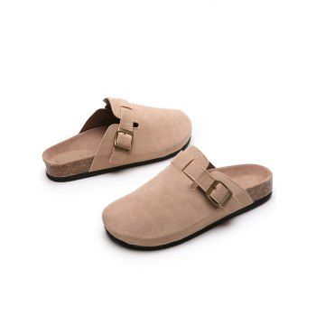 

Buckle Strap Round Toe Flat Slippers, Light khaki