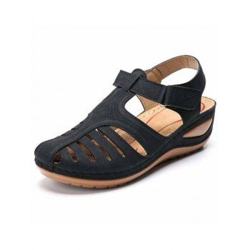 

Cut Out Velcro Flat Wedge Sandals, Black