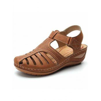 

Cut Out Velcro Flat Wedge Sandals, Brown