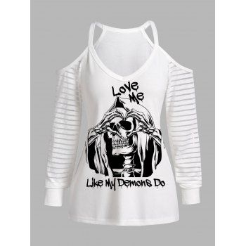 

Halloween Skeleton and Letter Print T Shirt Cold Shoulder Long Sleeve Casual Tee, White