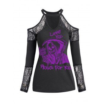 

Skeleton and Rose Print Lace Panel Top Cold Shoulder Keyhole Neck Top, White
