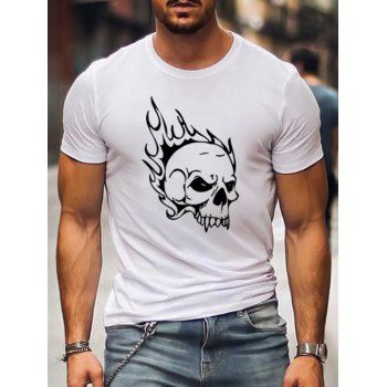 

Skull and Fire Print T Shirt Cotton Round Neck Casual Tee, White